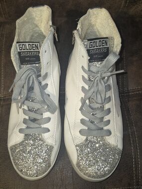 Golden Sneakers Women’s White & Silver Glitter High-Top Sneakers